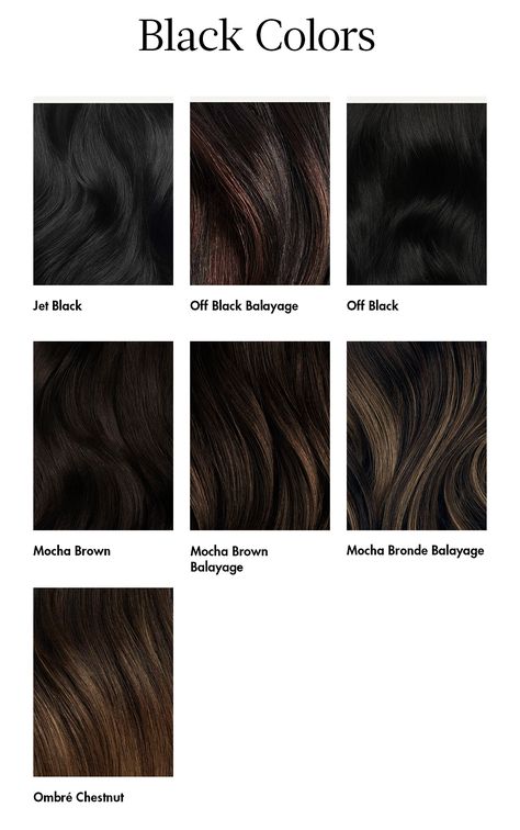 Black Hair Color Chart, Shades Of Black Hair, Soft Black Hair Color, Espresso Hair Color, Soft Black Hair, Hair Color Guide, Mocha Hair, Black Hair Balayage, Dark Brunette Hair