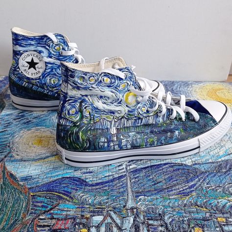 Custom Van Gogh The Starry Night Shoes. Hand painted The Starry Night Sneakers. Inspire by Vincent Van Gogh's the most famous painting 'The Starry Night' (1889). Acrylic paint on canvas shoes.  Painting is on the BOTH sides of each shoe. Every size is possible. I use US size chart! Shoes are hand painted using High grade acrylic paint. I use a special textile paint designed to be flexible on fabric. The paint is water proof and fade proof.  Prices depends on what model of shoes you will choose.   ->'The Starry Night' by Vincent Van Gogh is in the public domain. This work is in the public domain in its country of origin and other countries and areas where the copyright term is the author's life plus 100 years or fewer. This work is in the public domain in the United States because it was pu Van Gogh Merch, Starry Outfit, Van Gogh Wedding, Van Gogh The Starry Night, Artsy Shoes, Shoes Painting, Cute Converse Shoes, Night Shoes, Shoe Painting