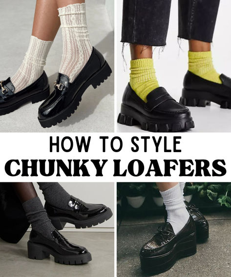 Chunky loafers are a major trend this season- check our our blog post that's full of styling inspiration to help you rock your chunky loafers like the it-girl you are! Chunky Loafer Styling, Platform Loafers Socks, Blue Jeans Black Loafers Outfit, Chunky Loafers Business Casual, Loafer Socks Outfits Women, Women Chunky Loafers Outfit, 2024 Loafers Outfit, May Jane Shoes Outfit, How To Style Black Chunky Loafers