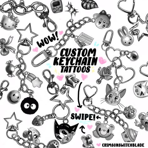 Charms Tattoo, Keychain Tattoo, Charm Tattoo, Kawaii Keychain, Chain Tattoo, Cap Ideas, Graphic Poster Art, Design Drawings, Art Tattoos