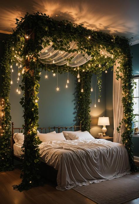 39 Dreamy Bedroom Decor Ideas (New) Green Bedding Aesthetic Boho, Cool Canopy Bed Ideas, Room Ideas For A Big Room, Boho Witch Bedroom, Fairytale Forest Bedroom, Cute Things For Bedroom, Fairy Forest Bedroom Ideas, Space Saving Room Ideas, Magic Forest Bedroom