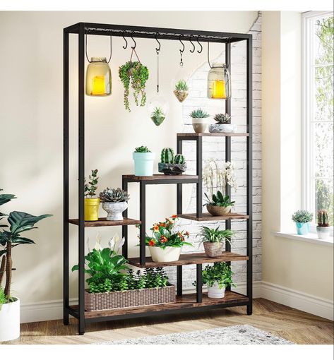 【Large Capacity for Plants】The indoor plant stand is adopted 7 shelves design and each shelf is wide and spacious enough. The metal plant shelf can hold at least more than 8 pots of regular-sized plant pots. The top wire shelf also can place small bonsai. Attached are 6 pcs S-hook is also fit for hanging display. 【Ladder Design & Multi-function】Garden plant with ladder shelf design provides ample space for multiple sizes of plants' storage and growth, with no shelter from each other, which helps Tall Indoor Plants, Indoor Plant Stand, Ladder Design, Corner Plant, Tall Plant Stands, Support Pour Plante, Ivy Vine, Support Plante, Regal Design