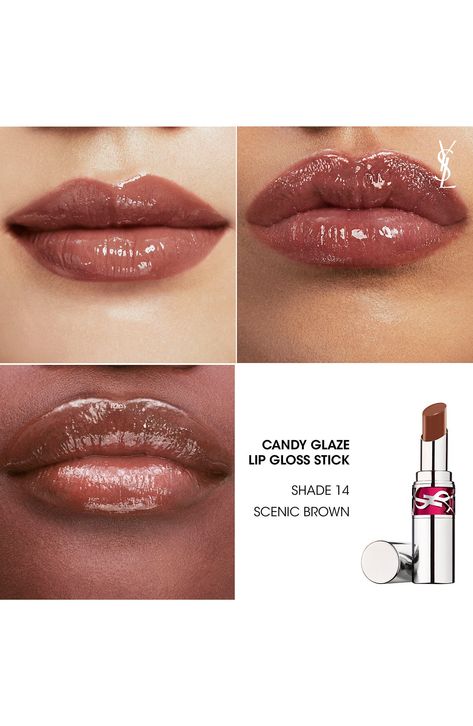 What it is: A jelly lip gloss stick with the glassy shine of a gloss, but the care of a balm. Who it's for: Ideal for all skin types.What it does: The nonsticky formula melts on lips for more moisturized, juicy-looking lips. Treat your lips to the ultimate hydration and high shine with Candy Glaze Lip Gloss Stick. Infused with hyaluronic acid and pomegranate, this click-format gloss delivers plumper, moisturized lips that last. It's sweet, subtle fragrance and easy-to-use design make it a must-h Haus Labs Lip Gloss, Sheer Lip Gloss, Fenty Beauty Lip Liner, Fall Lip Gloss, Saie Lip Gloss, Brown Lippies, Brown Glossy Lips, Ysl Candy Glaze, Victoria Secret Lip Gloss