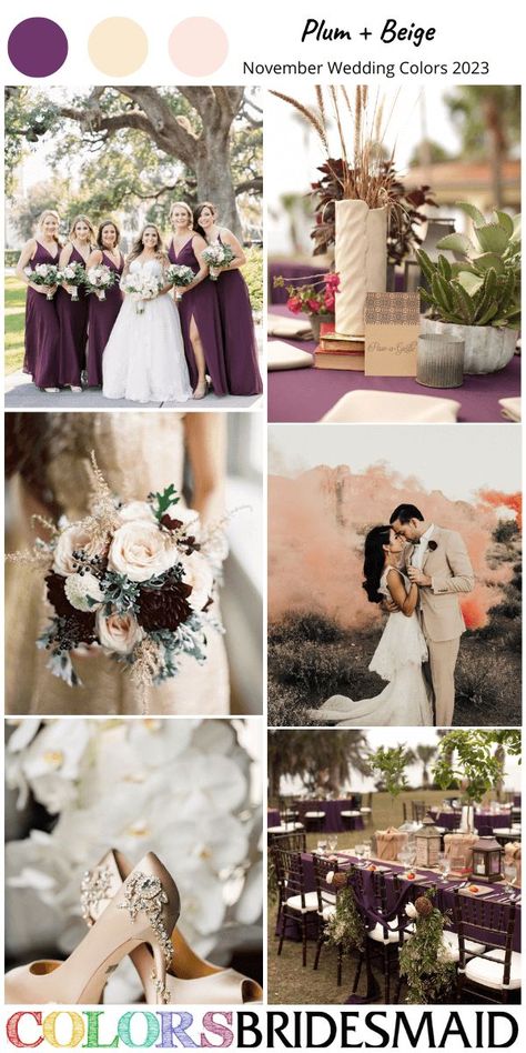 plum and beige November wedding colors for 2023, plum bridesmaid dress, white bridal gown, beige bridegroom suit and plum corsage, beige wedding shoes, invitation and cake, plum wedding tablecloth, and a beige flowerpot. #plumweddings #weddings #weddingideas #bridesmaiddresses #fallweddings #colsbm #2023 #novemberweddings November Wedding Colors, November Aesthetic, Plum Bridesmaid, Mauve Bridesmaid Dress, Greenery Wedding Bouquet, Rust Bridesmaid Dress, Plum Bridesmaid Dresses, Wedding Color Palettes, Fall Wedding Color Palette