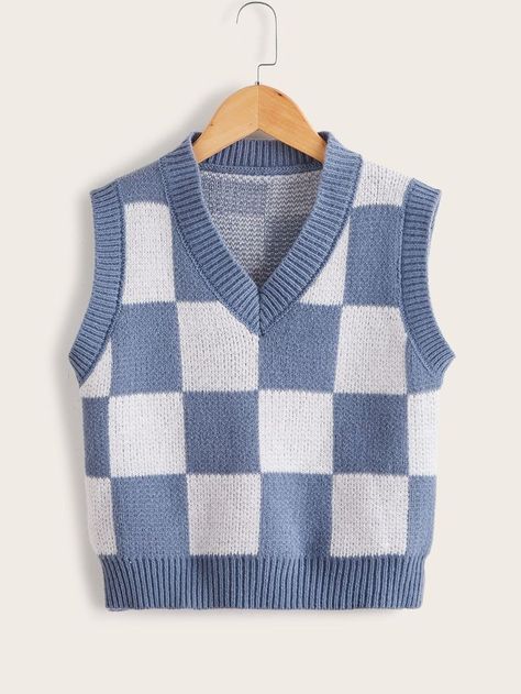 Crochet Vest Pattern Free Boho, 6th Grade Girl Outfits, Crochet Pullover Sweater, Crochet Vest Pattern Free, Blue Sweater Vest, Baby Pink Sweater, Vest Pattern Free, Checker Pattern, Blue And White Fabric