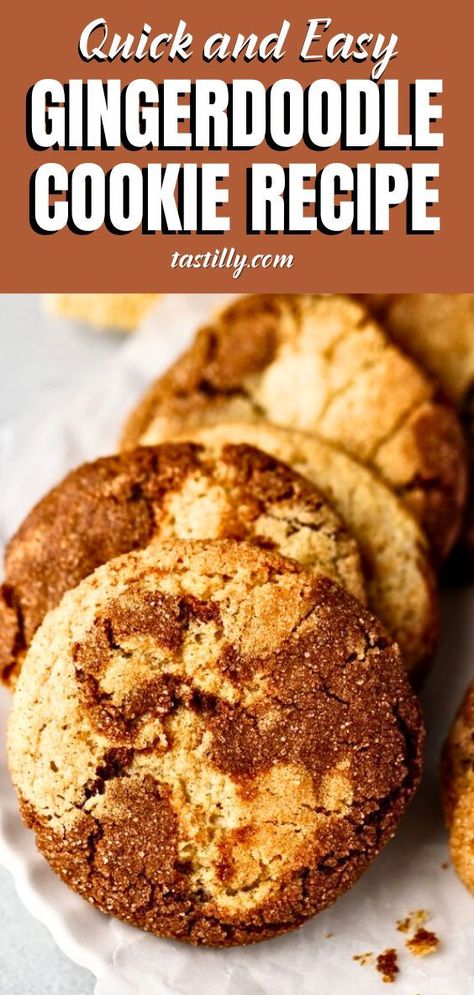 Quick and simple, these Gingerdoodle cookies are a swirled combination of gingersnap dough and snickerdoodle dough. These sweet, soft, and chewy cookies are spiced with cinnamon, ginger, cloves, and nutmeg, a perfect treat for your festive table! Gingerdoodles Cookies Recipe, Cinnamon Swirl Cookies, Gingerdoodle Cookies, Gingersnap Cookies Chewy, Mmm Cookies, Gingerbread Cookie Mix, Food Substitutes, Ginger Snap Cookies Recipe, Soft Ginger Cookies