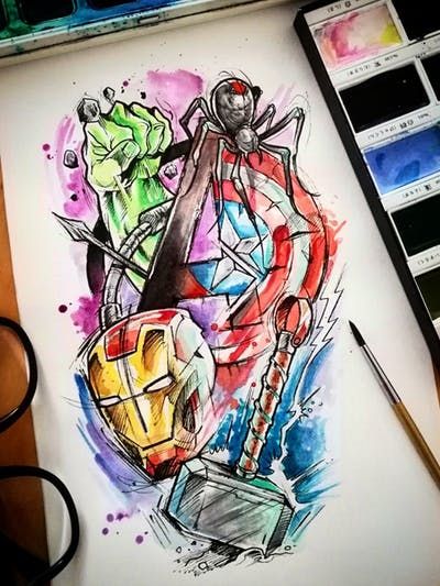 Thanos Tattoo, Marvel Tattoo Sleeve, Thor Tattoo, Hulk Tattoo, Avengers Painting, Hawkeye Avengers, Spiderman Tattoo, Avengers Tattoo, Marvel Art Drawings