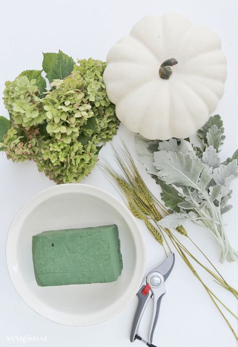 Hydrangea and White Pumpkin Fall Centerpiece - Sand and Sisal Pumpkin Hydrangea Centerpiece, White Pumpkin Eucalyptus Centerpiece, Hydrangea Fall Centerpiece, White Pumpkin Baby Shower Ideas, Hydrangea Centerpiece Diy, Pumpkin Centerpieces Wedding, Centerpiece Tutorial, White Pumpkin Centerpieces, Eucalyptus Centerpiece