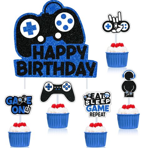 PRICES MAY VARY. Wide applications: the video game cake toppers are ideal for video game parties, game fans parties, gamer parties, gaming parties, baby showers, etc., it will make your party impressive and fill your birthday party with video game elements; These happy birthday cake decorations can also be matched with other game themed party supplies and solid colored party decorations to create a cheerful and exciting party atmosphere Video game cake topper design: the colorful game controller Video Game Party Cake, Gamer Party Decorations, Happy Birthday Gamer, Banner Game, Video Game Party Decorations, Video Game Cakes, Happy Birthday Cupcake, Gamer Party, Birthday Cupcake Toppers