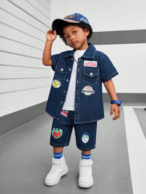 Medium Wash Casual Collar   Cartoon,Letter,Fruit&Vegetable  Embellished Non-Stretch  Young Boys Clothing Kids 70s Outfit Ideas Boys, Boys 90s Outfit Ideas, Kids 90s Outfit Ideas Boys, Kid Boy Outfits, Toddler Boy Fashion Swag, Toddler Outfits Boy, Kids Boys Fashion, Kids Fashion Boy Swag, Denim Short Sleeve Shirt