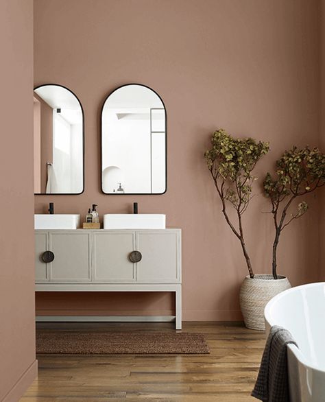 Redend Point SW 9081 | Red Paint Colors | Sherwin-Williams Bathroom Modern Organic, Redend Point Sw 9081, Green And Black Bathroom, Sw 9081, Sims 4 Bathroom Cc, Rose Paint Color, Mauve Bathroom, Mauve Paint Colors, Black Bathroom Modern