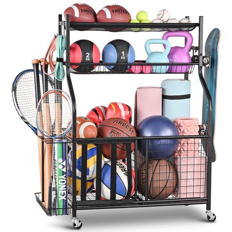 PRICES MAY VARY. 【Multifunctional Sports Rack】: Our ball storage rack has 2 storage bin and 1 wire mesh basket as well as 1 tier ball rack which can hold all kinds of sports gear like basketball, baseball, volleyball etc. Besides it comes with moveable hooks which can hang helmet and scooter to make the most of your garage. 【Heavy Duty Ball Storage Rack】: Made of sturdy steel frame, this sports ball storage offers a long-lasting strength and perfect performance. And it is very easy to install wi Sports Gear Organization, Storage For Garage, Sports Gear Storage, Sports Equipment Organization, Organizing With Baskets, Storage Hooks & Racks, Sports Equipment Storage, Garage Organizer, Sport Rack