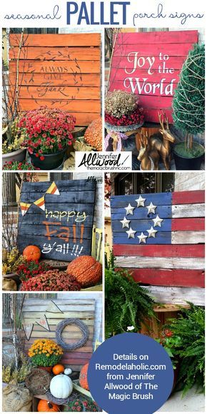 Easy DIY seasonal painted pallet porch signs | Make a big impact in your porch decor without spending a lot of time or money. Pallet Porch, Diy Pallet Decoration, Painted Pallet, Pallet Projects Easy, Pallet Creations, Pallet Decor, Wooden Pallet Projects, Recycled Pallets, Pallet Crafts