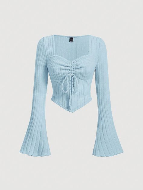 Blue Casual Collar Long Sleeve Knitted Fabric Plain  Embellished Medium Stretch  Women Clothing Cute Tops For Women Casual, Tops Ideas For Women, Cute Top Outfits, Blue Casual Outfits, Shein Tops Shirts, Soft Blue Outfit, Cute Blue Outfits, Light Blue Clothes, Light Blue Outfits