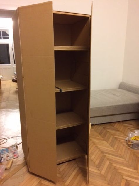 Cardboard Cupboard sofa packaging - IKEA Hackers Cardboard Wardrobe Diy, Cardboard Closet, Cardboard Cabinet, Cardboard Wardrobe, Cardboard Furniture Design, Cupboard Organiser, Cardboard Box Diy, Cardboard Organizer, Cardboard Creations