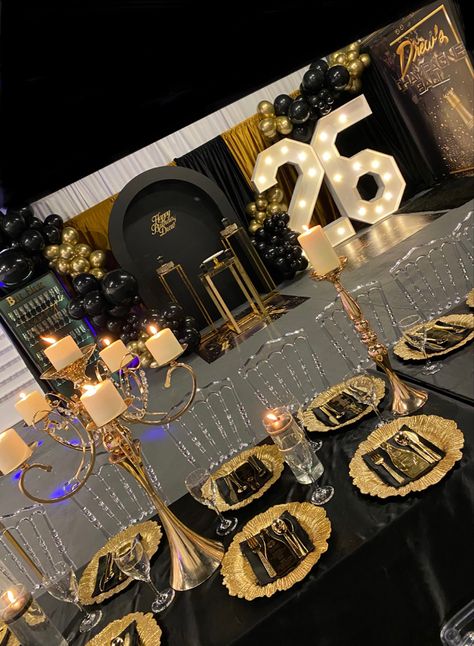 Black Gold 30th Birthday Party, Black Gold Silver Birthday Decorations, Black Gold Theme Birthday, 18th Birthday Party Black And Gold, Black Glam Birthday Party, All Black 25th Birthday Party, Gold And Black Sweets Table, Black And Gold 25th Birthday Party Ideas, Black Gold And White Party Decor