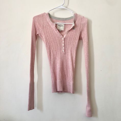 Pink Henley Outfit, Pink Henley Top, Pink Y2k Top, 2000s Sweater, Pink Long Sleeve Outfit, Cut Shirt Designs, 2000 Clothes, 2000s Clothes, Y2k Sweater