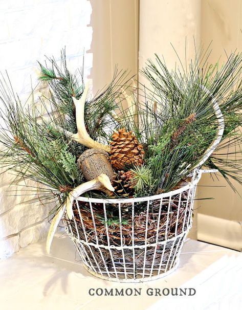 common ground : How to Use Baskets and Crates in Vintage Decor Wire Basket Decor Ideas, Wire Basket Ideas, Wire Basket Decor, Cozy Winter Home, Basket Decor Ideas, Vintage Wire Baskets, Mercury Glass Candle Holders, Yellow Brick Home, Christmas Is Over