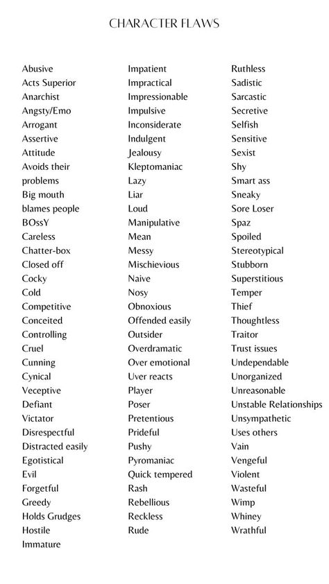 Personality Words List, Words To Describe A Character, Character Flaws Ideas, Ways To Describe A Character, Flaws To Give Characters, Fatal Flaws List, Character Characteristics Ideas, How To Describe A Character Personality, Pretty Words List