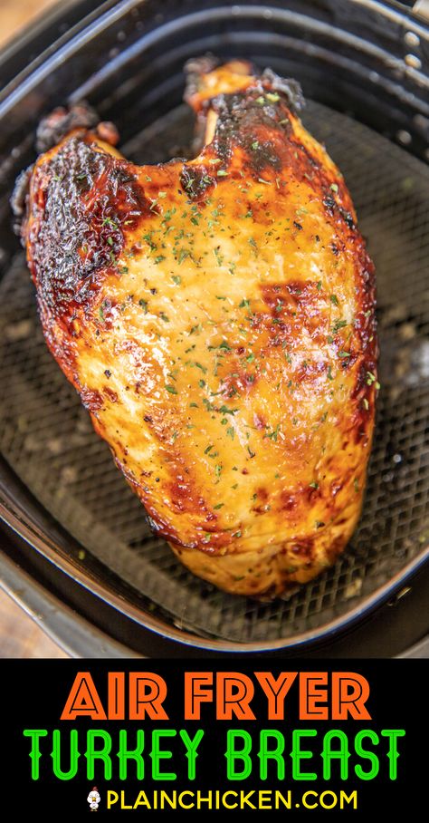 Air Fryer Turkey Breast - hands down the best turkey I've ever eaten. SO tender and juicy. Cooks in under an hour! Bone-in turkey breast marinated in Italian dressing and Worcestershire sauce and cooked in the air fryer. Perfect for the holidays or any day of the week. The turkey meat is great for your holiday meal, casseroles, soups, and sandwiches. A must if you have an air fryer! #airfryer #thanksgiving #turkey #turkeybreast #christmas Air Fried Turkey Breast, Air Fryer Turkey Breast Bone In, Turkey Breast Air Fryer Recipe, Airfryer Turkey Breast, How To Cook A Turkey Breast, Air Fry Turkey Breast, Turkey Air Fryer Recipes, Turkey Breast Air Fryer, Turkey Breast In Air Fryer