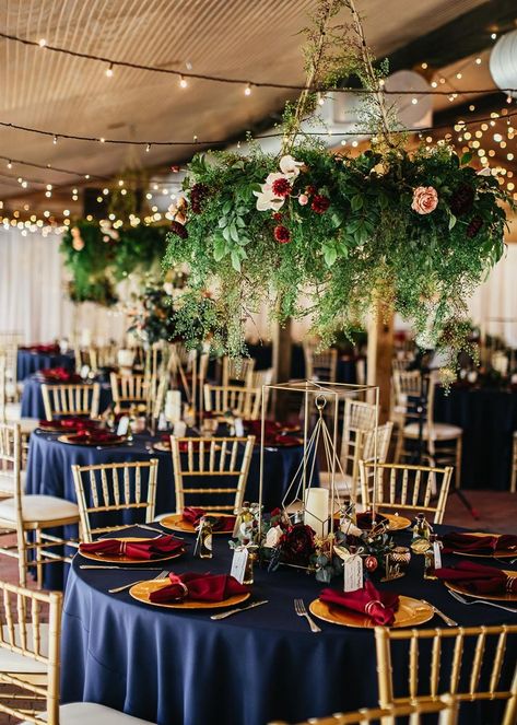 Burgundy Napkins, Burgundy And Navy Wedding, Olive Oil Favors, Navy And Burgundy Wedding, Navy Blue And Gold Wedding, Boho Wedding Centerpieces, Hanging Greenery, Disney Inspired Wedding, Enchanting Wedding