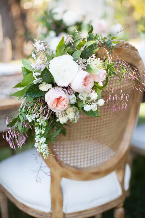 Floral arrangement on bride's chair Rustic Wedding Decorations, Tafel Decor, Wedding Chair Decorations, Romantic Summer, Waterfront Wedding, Chair Decorations, Deco Floral, Wedding Chairs, Diy Wedding Decorations