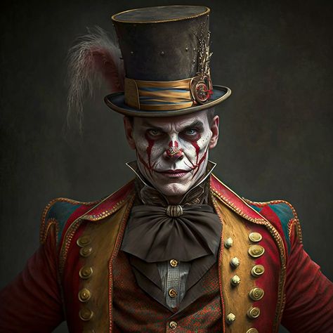 Ring Master Character Art, Creepy Ringmaster Costume, Ringmaster Aesthetic Male, Spooky Ringmaster, Dark Carnival Art, Horror Circus Costume, Haunted Circus Costumes, Scary Ringmaster, Circus Character Art