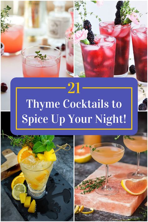 Collage of 4 thyme cocktails. Thyme Drinks Cocktail Recipes, Cocktail With Thyme, Drinks With Thyme, Thyme Cocktail Recipes, Herby Cocktails, Thyme Drinks, Craft Cocktails Recipes, Thyme Cocktails, Winter Martini Recipes