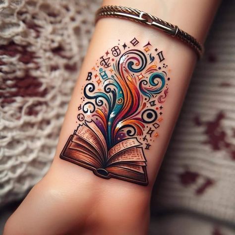 Reading Book Tattoo Ideas, Watering Self Tattoo, Cup Overflowing Tattoo, Book Wrist Tattoo, Butterfly And Book Tattoo, Witches Tattoo Ideas, Book Inspired Tattoos Small, Color Book Tattoo, Spicy Book Tattoos