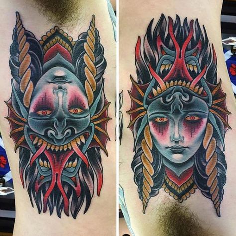 Demon Tattoo Ideas For Men Flipface Tattoo Traditional, Flip Face Tattoo, Woman Face Tattoo, Devil Woman, Knee Tattoos, Ambigram Tattoo, Unique Tattoos For Women, Face Tattoos For Women, Occult Tattoo