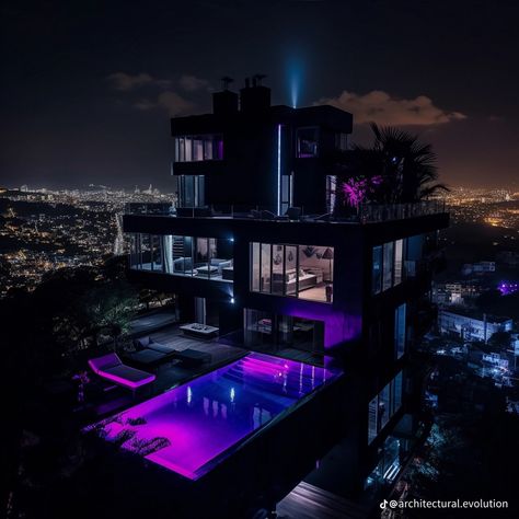 Black Mansion, Cyberpunk House, Dream House Pictures, Futuristic Bedroom, Mansion Aesthetic, Futuristic House, Luxury Houses Mansions, التصميم الخارجي للمنزل, Modern Mansion