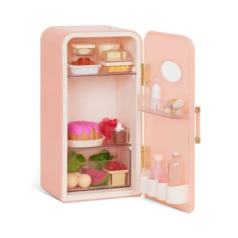 Our Generation Perfectly Fresh Mini Fridge & Play Food Accessory Set for 18" Dolls Our Generation Doll Storage, American Doll Accessories, Our Generation Doll Accessories, Kitchen Set Up, Play Food Set, American Girl Accessories, Barbie Doll Set, Removable Shelves, American Girl Doll Accessories