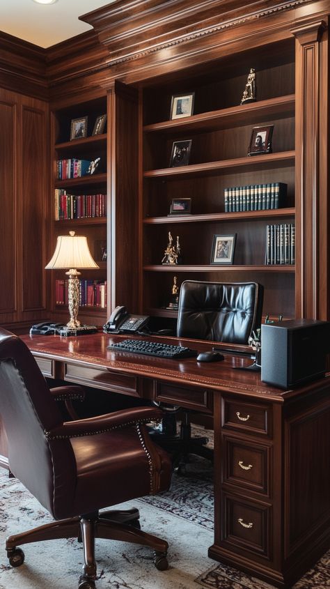 Elevate your Capricorn-inspired home office with timeless elegance! 🐐✨ Settle into a luxurious leather executive chair, surrounded by built-in bookshelves and an antique desk. Illuminate your space with a classic desk lamp, while your achievement wall stands as a testament to your success. 📚💼🌟 Dark Academia Home Office, Cherry Wood Office, Achievement Wall, Old Money Office, French Office, Dark Academia Home, Masculine Office, Vintage Home Offices, Classic Desk