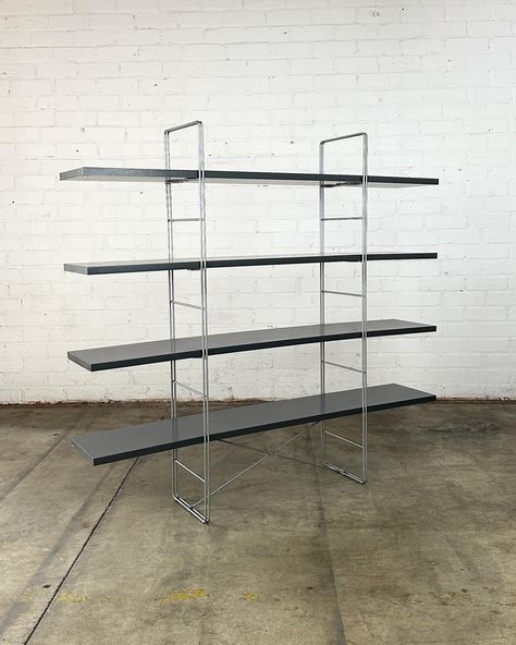 SOLD Niels Gammelgaard Bookcase IKEA 1980s Price: 700 Dimensions: W68 D13 H62.5 Between Shelves H12.5 Bauhaus Shelves, Enetri Ikea, Show Shelves, Ikea Metal Shelves, Aluminum Shelf, Bookcase Ikea, Mid Century Vintage Furniture, Niels Gammelgaard, Ikea Vintage