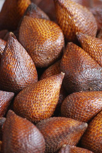 Salak - native to Indonesia, Brunei and Malaysia. The fruit grow in clusters at the base of the palm. Salak Fruit, Weird Fruit, Strange Fruit, Beautiful Fruits, Exotic Fruit, Indonesian Food, Tropical Fruits, Delicious Fruit, Tutti Frutti