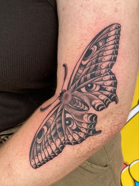 Linework Cover Up Tattoo, Moth Tattoo Open Close, Luna Moth Tattoo Elbow, Elbow Moth Tattoos For Women, Moth Tattoo Bend Of Arm, Inner Elbow Moth Tattoo, Folding Moth Tattoo, Male Moth Tattoo, Imperial Moth Tattoo