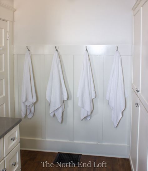 4 Towel Hooks In Bathroom, Bathroom Hook Wall, Bathroom Wainscotting With Hooks, Board And Batten Towel Hooks, Towel Hooks In Bathroom, Bathroom Towel Hook Ideas, Tall Wainscoting, Bathroom Wainscoting, Wainscoting Hallway