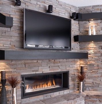 Tv Above Fireplace, Tv Ideas, Fireplace Tv Wall, Contemporary Fireplace, Corner Fireplace, Fireplace Remodel, Trendy Living Rooms, Stone Walls, Living Room Tv Wall