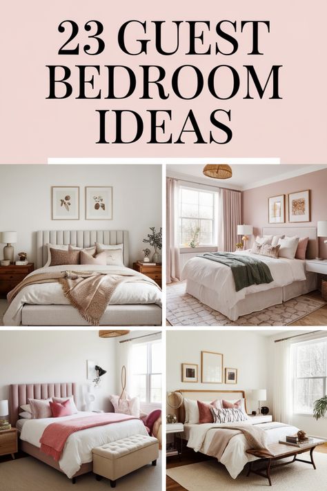 23 stylish guest bedroom ideas with cozy and elegant design inspirations. Large Guest Room Ideas, Spare Bedroom Inspirations, Guest House Bedroom Ideas, Small Farmhouse Guest Bedroom, Calm Guest Bedroom, Comfy Guest Bedroom Ideas, Guest Room For Grandkids, Feminine Guest Room, Beautiful Guest Rooms