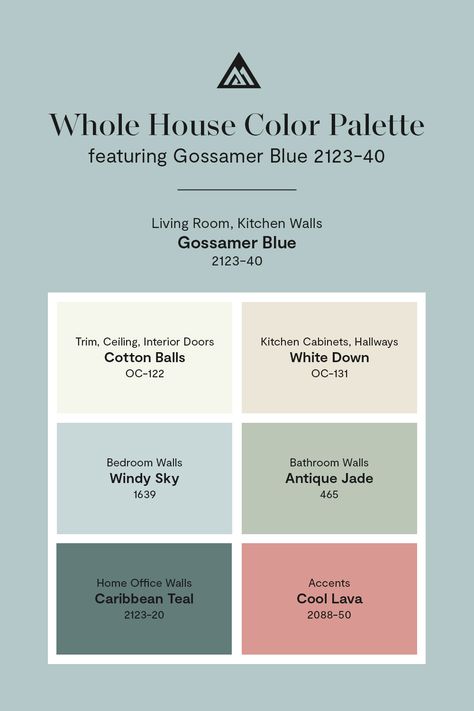 Cool and calm is the name of the game with this whole house paint color palette from Benjamin Moore centered around the beloved Gossamer Blue 2123-40. Whole House Paint Scheme Benjamin Moore Color Palettes, Whole House Color Palette Benjamin Moore, Gossamer Blue Benjamin Moore, Benjamin Moore Whole House Palette, Benjamin Moore Calm Paint Color, 2024 Paint Color Trends Benjamin Moore, Benjamin Moore Whole House Color Scheme, Benjamin Moore Palette, House Paint Color Palette