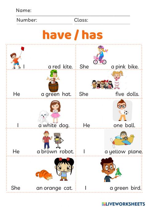 Have - has online worksheet for 1. You can do the exercises online or download the worksheet as pdf. English Activities For Class 1, Has Or Have Worksheets Kids, Use Of Has And Have For Grade 1, Has And Have, Has And Have Worksheets For Grade 1, Has Or Have, Do You Have Worksheet, Have To Has To Worksheet, Verb To Have Worksheets For Kids