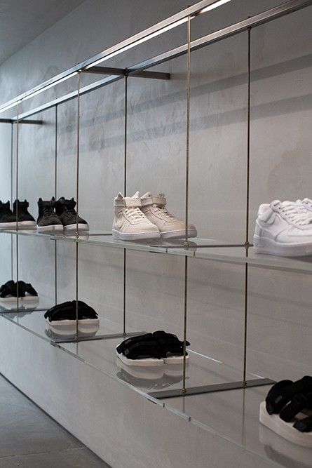 Shoe Showcase, Sneaker Wall, Shoe Store Design, Lamp Shop, John Elliott, Retail Store Design, Sneaker Stores, Boutique Interior, Retail Interior