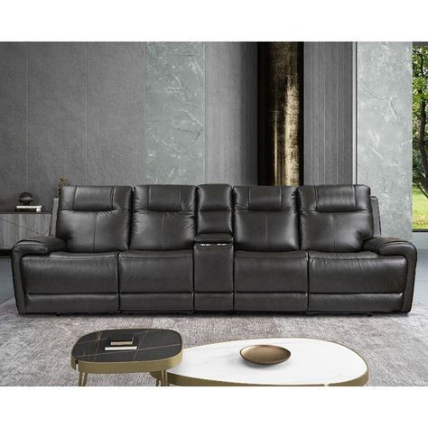 Enjoy the company of friends or family while relaxing in the comfort of this top grain leather reclining sofa. Theater Couches, Theater Sofa, Recliner Couch, Sofa With Storage, Storage Console, Leather Reclining Sofa, Theater Room, Power Reclining Sofa, Recliner Sofa