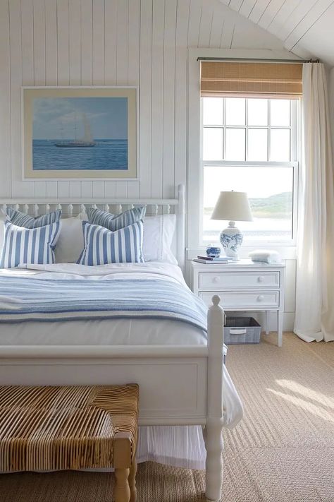 Create a serene and coastal retreat in your home with these 25 Charming Cape Cod Bedroom Ideas. Each idea captures the essence of this classic American style, blending nautical charm with cozy, understated elegance. Discover how to use light, airy color palettes, natural textures, and maritime accents to transform your bedroom into a peaceful Cape Cod haven. Whether it's through breezy linens, weathered wood furniture, or seaside-inspired decor! Cape Cod Bedroom Ideas, Nantucket Bedroom, Cape Cod Bedroom, Dreamy Cottage, Costal Bedroom, Summer Room Decor, Beach House Bedroom, Summer Bedroom, Seaside House