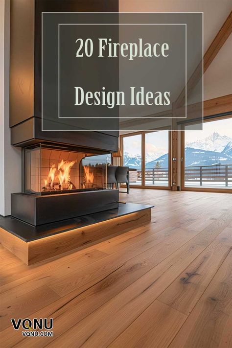 Modern fireplace in a communal area with large windows showcasing a snowy mountain view. Text: "20 Fireplace Design Ideas". Fireplace In The Center Of The Room, Formal Fireplace Ideas, Modern Glass Fireplace Ideas, Contemporary Electric Fireplace Ideas, Unique Gas Fireplace Ideas, Fireplace Ideas Transitional, Three Sided Fireplace Ideas Modern, Dining Room Design With Fireplace, Two Way Fireplace Living Rooms