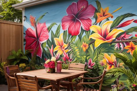 Outdoor Murals Backyards, Garden Mural Outdoor Wall Art, Backyard Mural Ideas, Backyard Mural, Backyard Dyi, Unique Backyard, Outdoor Murals, Exterior Murals, Garden Fence Art