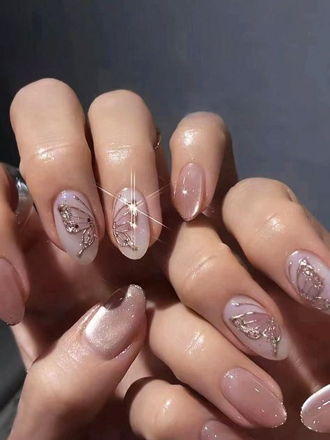 Silver  Collar   Animal Color Nails Embellished   Nail,Hand & Foot Care Nail Art Stickers Ideas, Korean Nail Art Ideas, Nail Art Pengantin, Nail Cute Korean, Silver Butterfly Nails, Glitter Butterfly Nails, Nail Art Cat Eye, Nail Art Motif, Nail Art Butterfly