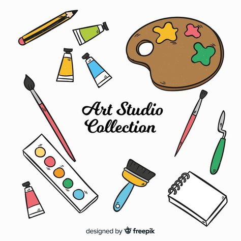 Hand drawn art studio element collection... | Free Vector #Freepik #freevector #hand #paint #hand-drawn #brush Element Art Drawings, Crafts Logo Design, Lion King Drawings, Desain Buklet, Coffee Shop Logo, Fashion Illustrations Techniques, Brush Drawing, My Art Studio, Hand Paint