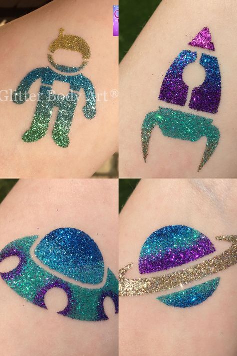 pictures of space themed temporary tattoos for kids, spaceship, flying saucer, planet and spaceman made with temporary tattoo stencils, body glitter and body glue. Diy Glitter Tattoos Stencil, Glitter Tattoo Permanent, Body Glitter Ideas, Glitter Tatoos, Glitter Tattoo Ideas, Kids Temporary Tattoos, Glitter Body Art, Diy Tattoos, Space Themed Birthday Party