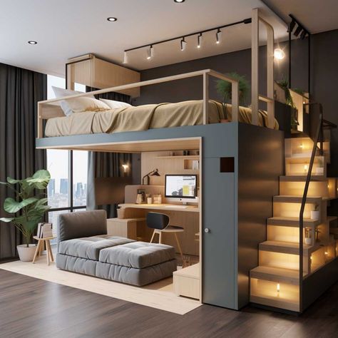 Loft Beds For Small Rooms, Modern Loft Bed, Bed With Stairs, Beds For Small Rooms, Loft Style Bedroom, Loft Bed Plans, Bed Design Modern, Loft Room, Loft House